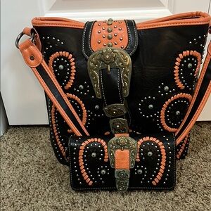 Montana West Stylish Black and Orange Women's Western Purse and Wallet Set
